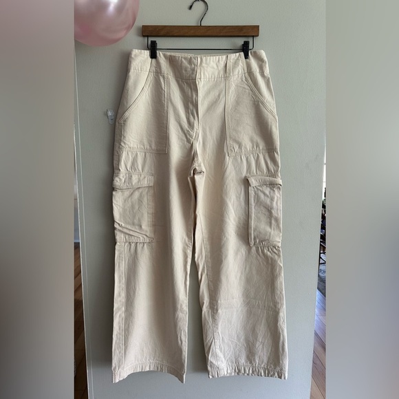 H&M Cargo Beige Wide Leg Relaxed Fit Women’s Pants Size 12 100% Cotton Utility - Picture 1 of 9